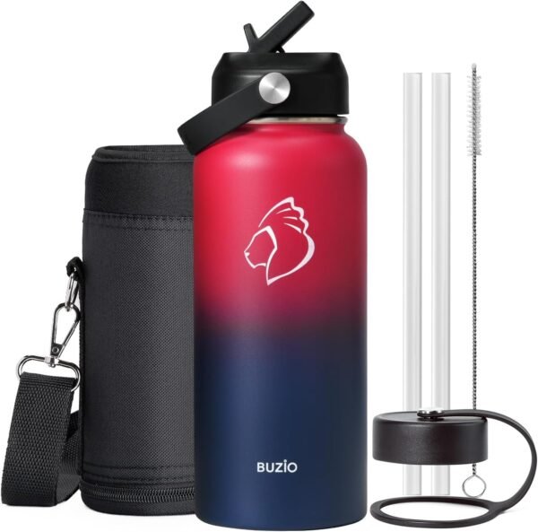 BUZIO 32oz Insulated Water Bottle, Triple Wall Vacuum Stainless Steel Water Flask with Straw Lid, BPA-Free Leakproof Sports Canteen for Sports Hiking, Cold 48H & Hot 24H- Ruby Red Navy