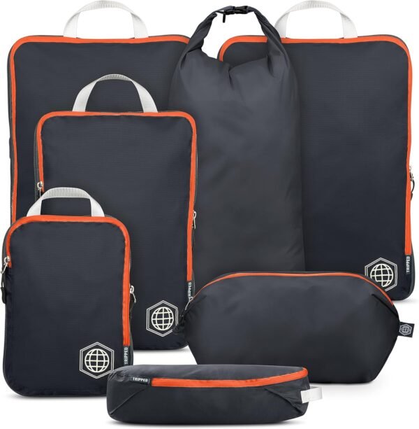 Large Packing Cubes for Travel-Extra Large Compression Packing Cube Luggage Organizers 7 Piece Set-Ultralight, Expandable/Compression Bags for Clothes by TRIPPED Travel Gear (Grey/Orange)