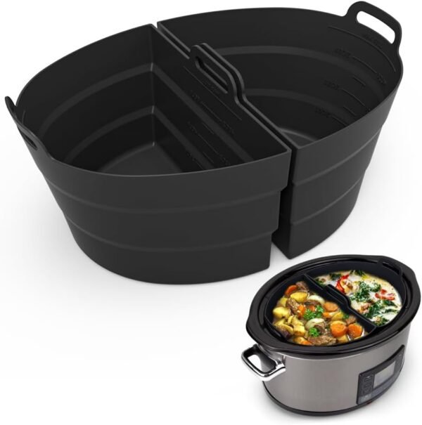 ChefAid Slow Cooker Divider Liners with Handle, 100% Silicone Reusable Slow Cooker Liners Compatible with 6-8 Quart Oval or Round Slow Cooker, Fits 7 Quart Crockpot Liners (Black, 2 Pack)