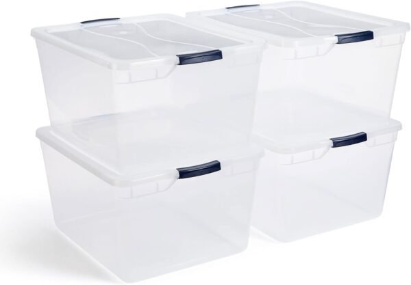 Rubbermaid Cleverstore 74 Quart Latching Plastic Storage Containers with Lids for Office and Home Organization, Clear (4 Pack)