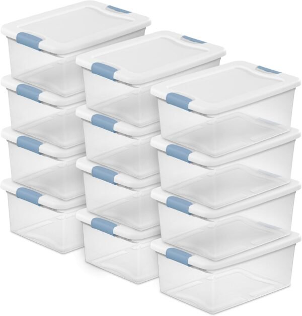 Sterilite 12-Pack Latching Box, Stackable Storage Bins with Lids, Clear Plastic, 15 Quart