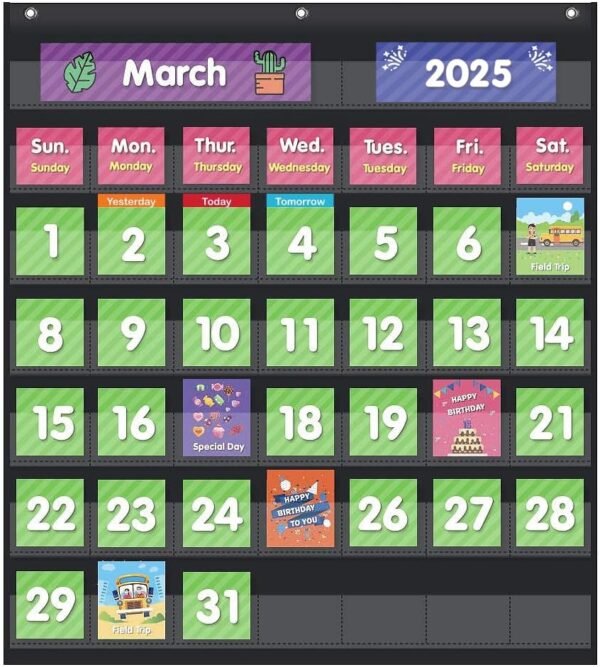 EAMAY Classroom Monthly Calendar Pocket Chart with 71 Cards for Kids Learning for Home,Homeschool Supplies and Classroom Must Haves!(Black)