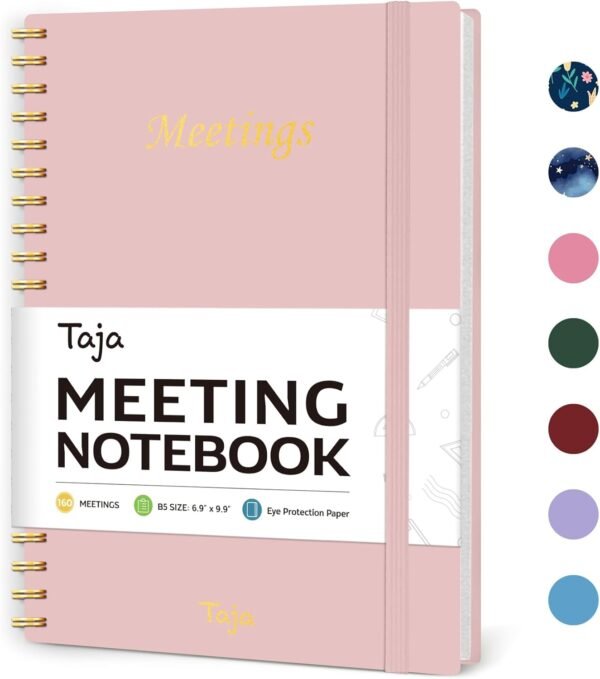 Meeting Notebook for Work Organization - Work Planner Notebook with Action Items, Agenda Planner for Note Taking, 160 Pages (6.9" X 9.9") Project Organizer for Men & Women - Pink