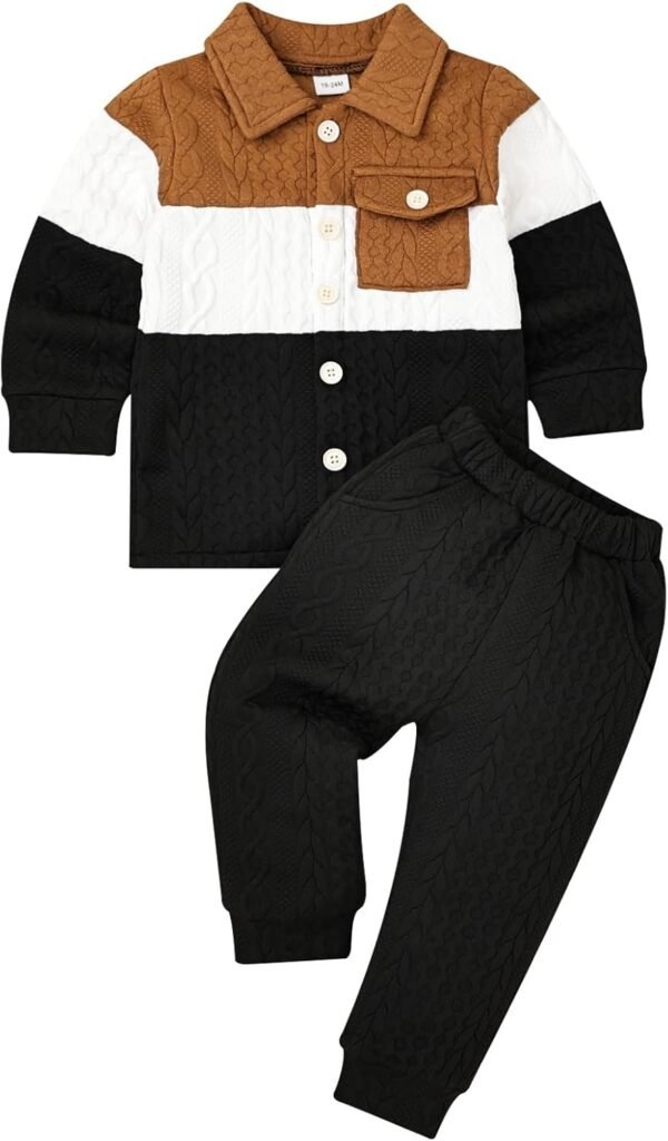 Baby Boy Fall Winter Clothes Toddler Boy Outfits Patchwork Button Down Tops Shirt Pocket Pants 2 Piece 12 Months-5T