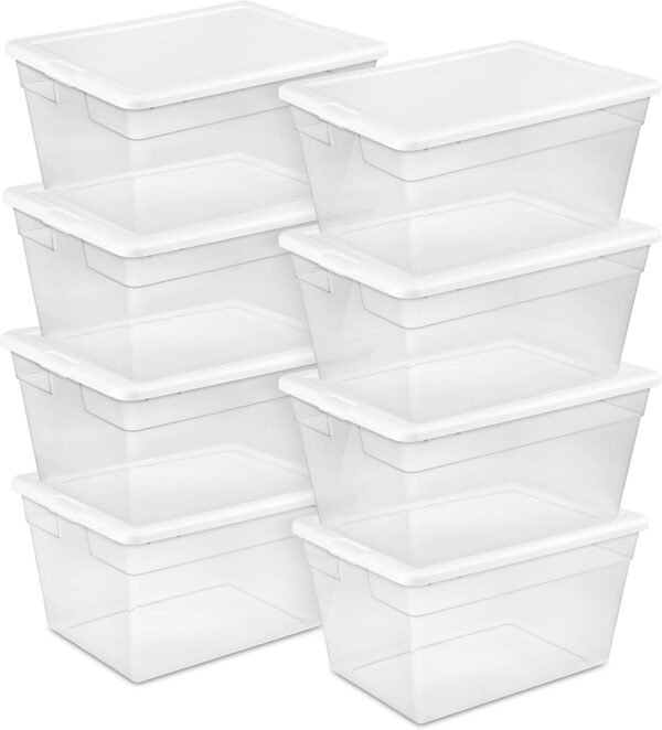 Sterilite 8-Pack Storage Box, Stackable Clear Plastic Bins with Snap-On Lids, 56 Quart