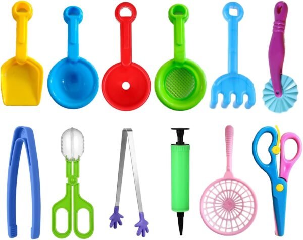12 Pcs Sensory Bin Filler,Sensory Bin Tools, Fine Motor Skills Handy Scooper Set with 5 Scoops, Plastic Tweezers, Silicone Tongs, Beach Shovels, Air Pump, Scissors Clip