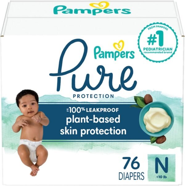 Pampers Pure Protection Baby Diapers, Size 0 (>10 lbs) Count, 76, Up to 100% Leakproof, Premium Plant-Based Skin Protection, Hypoallergenic Soft Diapers