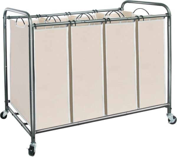 STORAGE MANIAC Laundry Sorter 4 Section, Laundry Hamper with Wheels, Laundry Basket Sorter, Laundry Separator Hamper, Laundry Divider Hamper, 4 Bag Laundry Hamper with Wheels and Removable Bags, Beige