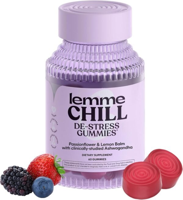 Lemme Chill Stress Relief Gummies with 300mg KSM-66 Ashwagandha, Lemon Balm, Passionflower & Goji to Support Relaxation, Healthy Cortisol & Sleep - Gluten-Free, Non-GMO, Mixed Berry (60 Count)