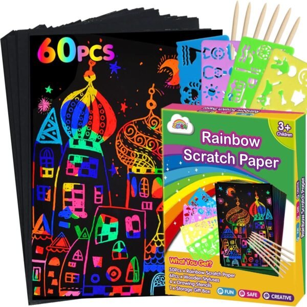 ZMLM Scratch Paper Art Set: 60Pcs Magic Drawing Art Craft Kid Mother Gifts Scratch Paper Supply Toddler Preschool Learning Toy for Age 3 4 5 6 7 8 Girl Boy Birthday Activities Toys