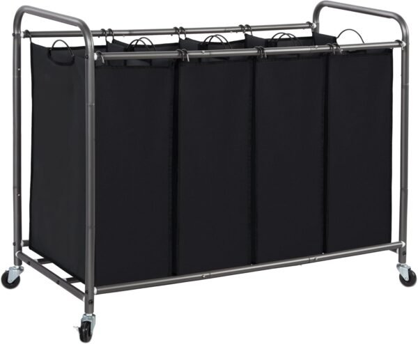 STORAGE MANIAC Laundry Sorter 4 Section, Hamper with Wheels and Removable Bags, Black