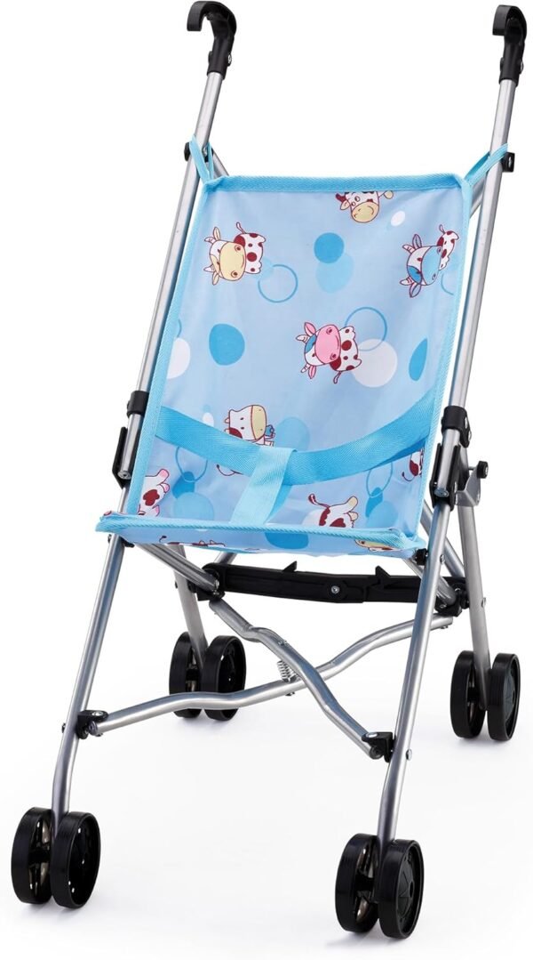 Bayer Design Dolls: Buggy Umbrella Stroller - Blue & Cows, Accessory for Dolls Up to 18", Foldable, Playful Design, Seat Belt, Kids Toy, Ages 3+