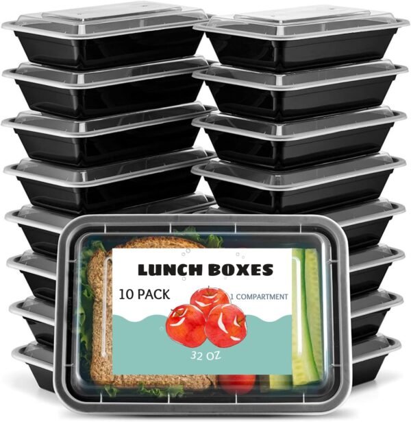 10-Pack 32oz Meal Prep Containers with Lids BPA-Free Reusable Plastic Food Storage Boxes Lunch Salad Freezer Microwave Safe One 1 Compartment Disposable Togo Tray for Meal Prepping Takeout and Snacks