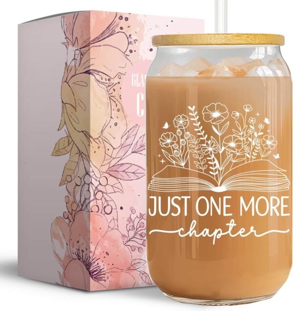 Just One More Chapter - Book Lovers Gifts for Women - Book Club Reading Accessories Bookish Gifts for Book Readers - 16 Oz Glass Coffee Cup