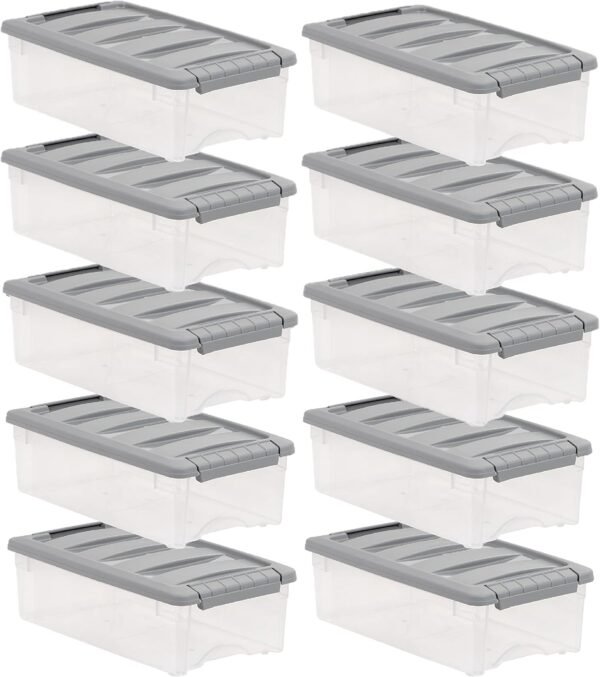 Amazon Basics Plastic Storage Containers with Secure Latching Lids, Stackable Organization Bins, Clear/Grey, 5 Quart, Set of 10