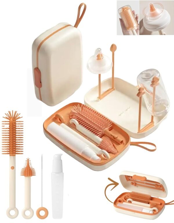 Travel Bottle Cleaner kit, 7in1 Baby Toddler Travel Essential Silicone Bottle Brush Set, Nipple, Drying Rack, Straw, & Breast Pump Cleaning, Soap Dispenser & Organizer Case, Gift for Mom (White)