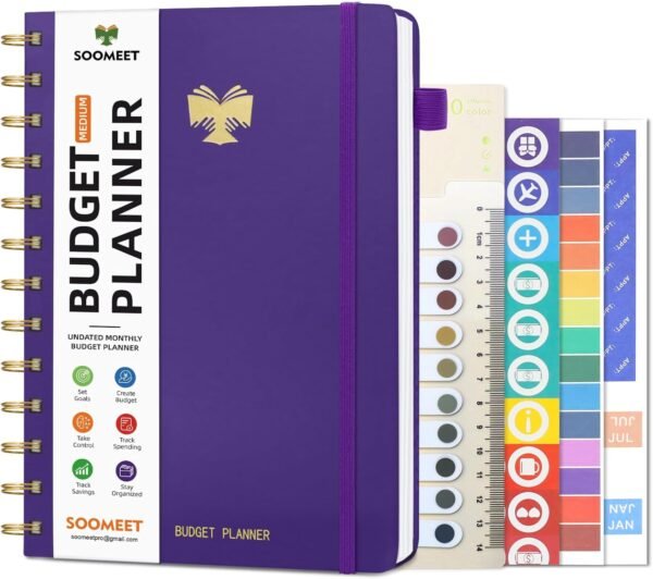 Budget Planner 2025-2026 - Monthly Bill Organizer with Pockets. Undated Financial Organizer with Expense Tracker Journal, Budget Book to Control Your Money, Purple, Medium Size - 5.5" x 7"
