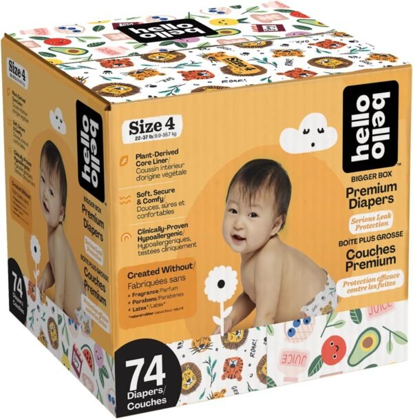 Hello Bello Diapers, Size 4 (22-37 lbs), 74 Count of Premium Disposable Baby Diapers in Wildcats and Snacktime Designs, Hypoallergenic with Soft, Cloth-Like Feel