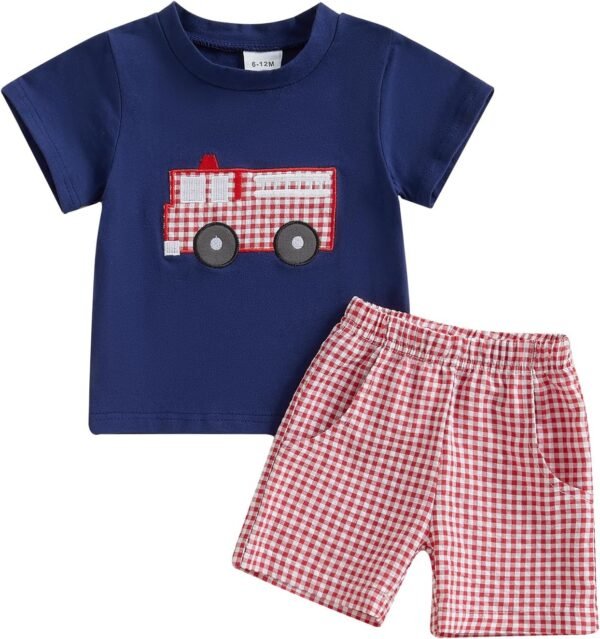 Toddler Baby Boy Summer Outfits Short Sleeve Fire Truck Embroidery T-Shirt + Short Pants 2Pcs Set Casual Clothes