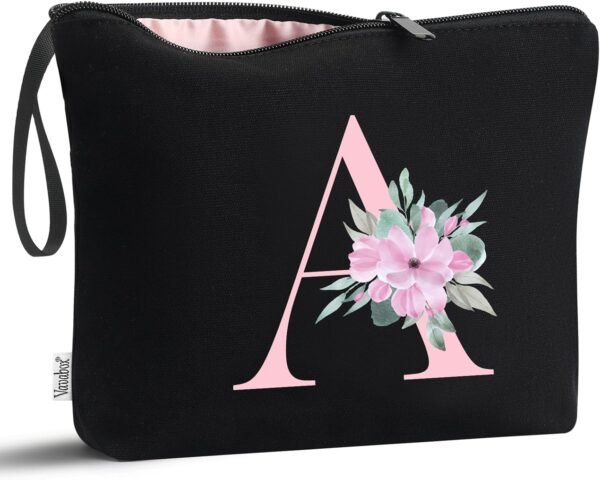 Vavabox A-Z Personalized Makeup Bag, Birthday Gifts for Women Mom, Gifts for Best Friend, Bride Bridesmaid Cosmetic bag (A, Black)
