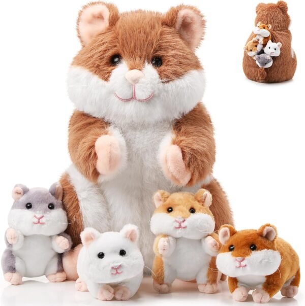 Deekin 5 Pcs Hamster Stuffed Animal Set 14 Inch Hamster Mommy with 4 Cuddly Plush Babies in Belly Cute Plush Toys Gifts for Kids Birthday Party Decor