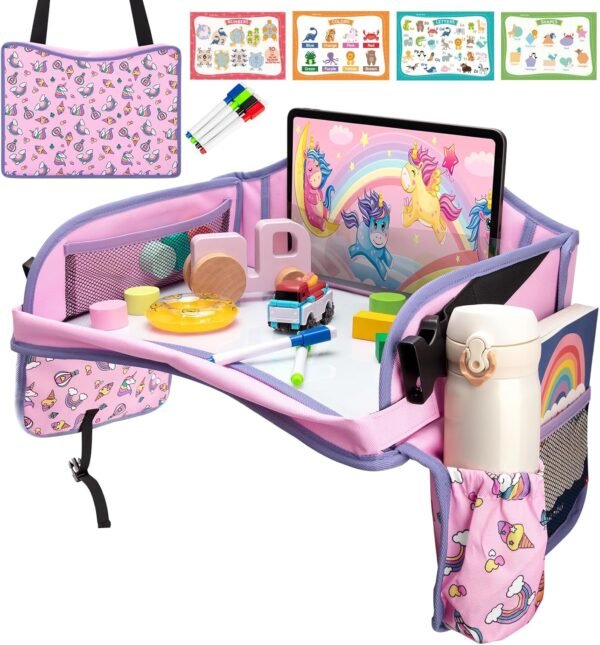 Blissful Diary Travel Tray for Kids Car Seat, Toddler Road Trip Essentials with Drawing Kit, Carseat Tray for Children Travel, Road Trip Must Haves for Kids, Pink