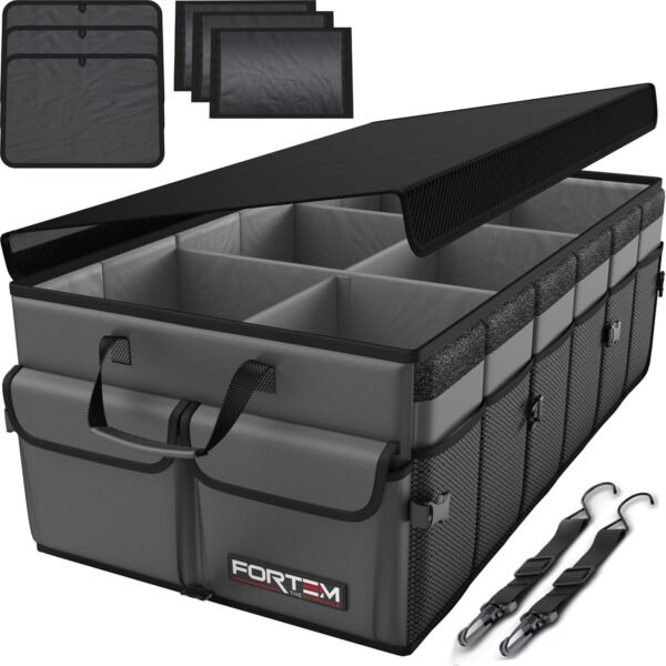 FORTEM Car Trunk Organizer, Collapsible Multi Compartment SUV Organizer, Foldable Storage for Car Accessories for Women Men, 600D Oxford, Non Slip Bottom, Securing Straps, Soft Cover (85L)