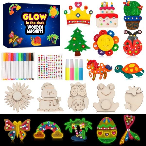 GWAHSA 30pcs DIY Wooden Magnets, Glow in The Dark Wooden Art Craft Supplies Painting Kit for Kids Activities Party Favors for Boys Girls Ages 4-8 8-12 Birthday Gifts Toys Pinata Goodie Bags Stuffers