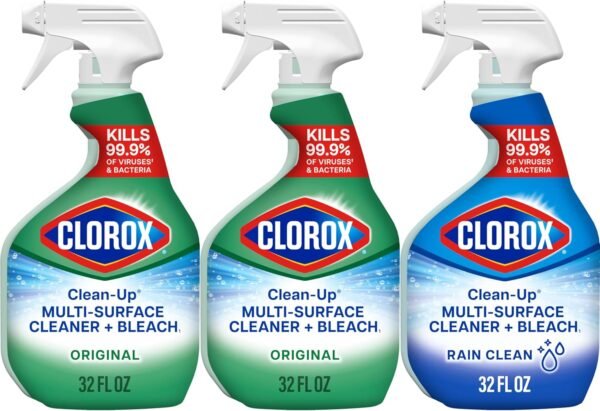 Clorox Clean-Up Cleaner + Bleach Value Pack, 3 Disinfectant and Cleaning Sprays, Kitchen and Bathroom Cleaning, Rain Clean and Original Scent, 32 Ounces (Pack of 3)