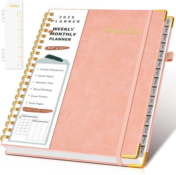 2025 Planner, Weekly and Monthly Planner from January 2025 - March 2026, 8.5" x 11" Hardcover Leather Hourly Appointment Book 2025 with Monthly Tabs, Spiral Daily Planner for Women School Work Pink