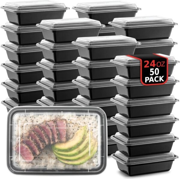 50-Pack Reusable Meal Prep Container Microwave Safe Food Storage Containers with Lids, 24 OZ - 1 Compartment Take Out Disposable Plastic Bento Lunch Box To Go, BPA Free - Dishwasher & Freezer Safe