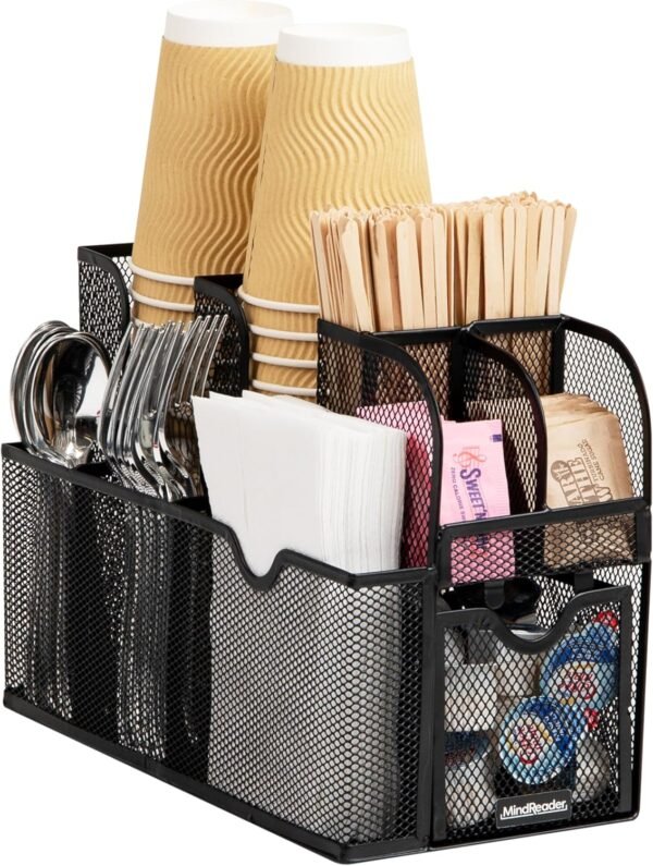 Mind Reader Cup and Condiment Station, Countertop Organizer, Coffee Bar, Kitchen, Metal Mesh, 5.5" L x 11" W x 11.5" H, Black