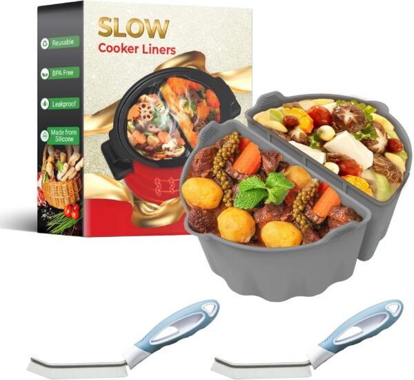 Silicone Slow Cooker Liners Compatible With Crock Pot 6-8 QT,Slow Cooker Divider Allows Cooking Two Different Meals At Once Time, Reusable Silicone Divider Insert, Dishwasher Safe, BPA Free, Dark Gray