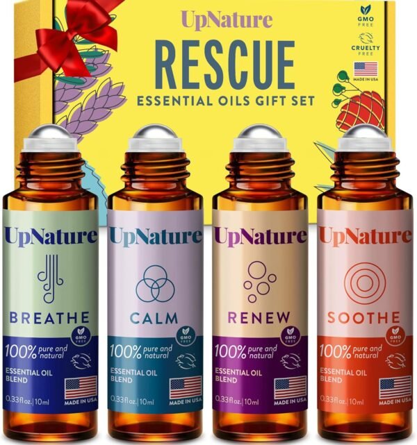 UpNature Essential Oils Roll On Set (Pack of 4) Stress Relief Gift Aromatherapy Oil - Self Care Gifts for Women