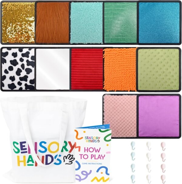 Textured Sensory Mats for Special Needs Kids - 8" Colorful Fidgeting Tactile Sensory Toys for Learning, Stimulation & Play - Sensory Mat Set with Adhesive Hooks for Wall Hanging & Tote Bag - 12 Pack
