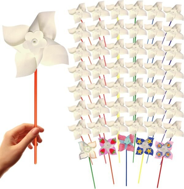 4E's Novelty DIY Pinwheels Craft for Kids (24 Pack) Color Your Own White Pinwheels, Bulk Summer Craft Kit for Boys & Girls, July 4, Memorial Day Arts and Craft Party Activity