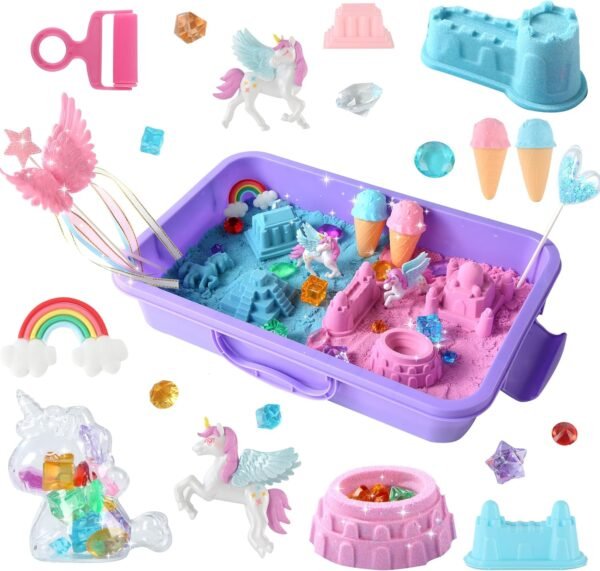 sikmcle Unicorn Sensory Bin Play Sand Kit for Girls Unicorn Toys for Kids Castle Moulds Toddler Activities and Sensory Bin Fillers for Toddlers 3+