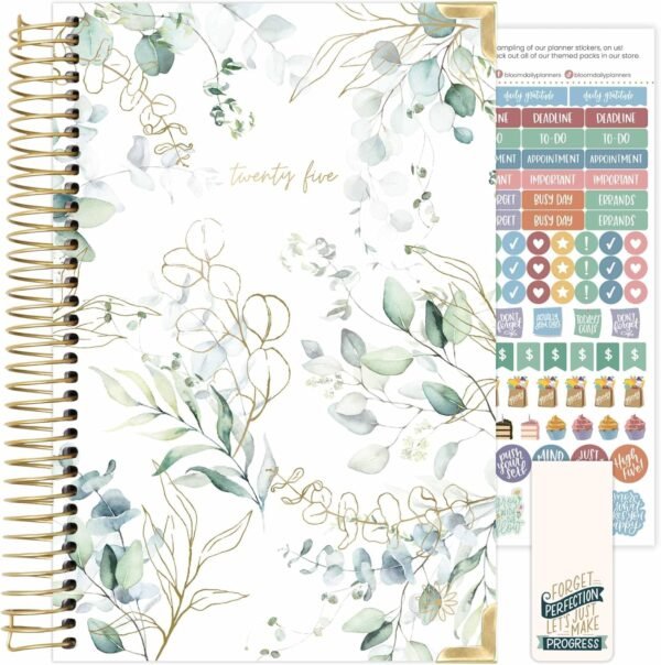 bloom daily planners HARDCOVER 2025 Calendar Year Day Planner (January 2025 - December 2025) - Passion/Goal Organizer - Monthly & Weekly Inspirational Agenda Book - 5.5" x 8.25" - Eucalyptus, White