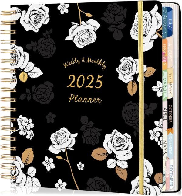 CAGIE 2025 Planner, Planner 2025 Weekly and Monthly, January 2025 - December 2025, 8.3" x 9.3", 2025 Hardcover Planner Spiral Bound, 12 Monthly Tabs, Elastic Closure, Stickers
