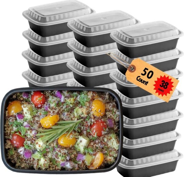 Clear Plastic Takeout Containers - Durable and Sturdy Clamshell Food Boxes for To-Go and Storage Disposable Clam Shell Containers, Bulk Pack - Easy Open Hinge Design (Rectangle - 50 Pack, 38 Ounce)