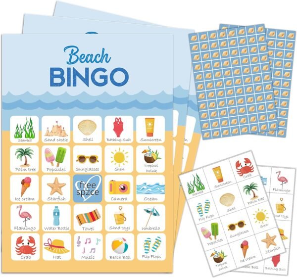 5"x7" Beach Bingo Game Cards (24 Kinds), Birthday Party Summer Game, Outdoor Indoor, Hiking, Trip Activities, Family Vacation Travel Bingo, Activity Games -008beach