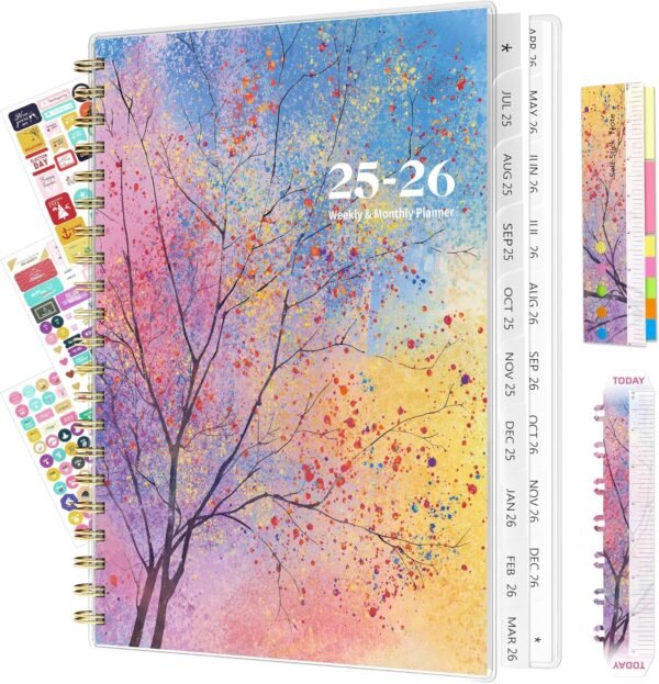 Ospelelf 2025 2026 Planner Weekly and Monthly Calendar Spiral Bound, A4 Office Supplies For Women & Men, 18 Months PVC Cover Life Planners with Stickers Colorful Tree