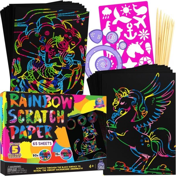 PURPLE LADYBUG Rainbow Scratch Art Paper, 79 PCS Creative Drawing Paper & Stencils - Arts and Crafts for Ages 4-12, Kids Craft Activity Set for Summer, Wedding, Travel, Birthday Party Games, Camping