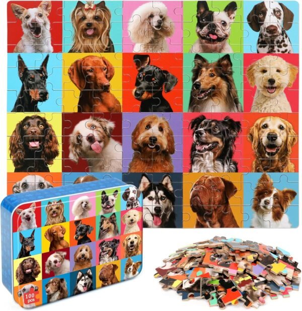 LELEMON Puzzles for Kids Ages 4-6,Dog Puzzle 100 Piece Puzzles for Kids Ages 4-8 in a Metal Box, Educational Kids Puzzles Jigsaw Puzzles 100 Piece Puzzle Games Puzzle Toys for Girls and Boys