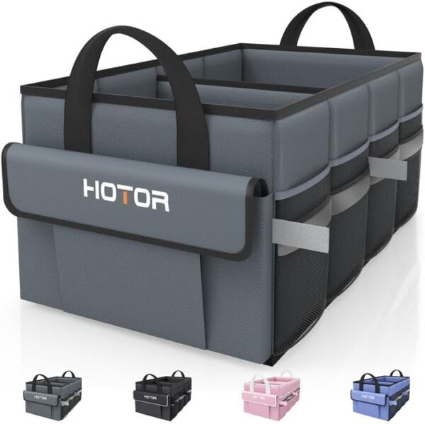 HOTOR Trunk Organizer - Car Organizer with 5 Pockets, Trunk organizer for SUV, Sedan & Van, Car Organization with Sturdy Base Panel for Car Accessories, Grey, 2 Compartments, 21.3"×12.6"×10.6"