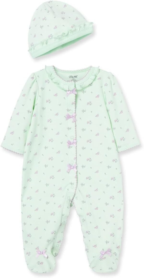 Little Me Clothes for Baby Girls 100% Cotton Scratch-Free Tag Footed One-Piece Romper and Hat Sleeper Set Preemie to 9 Months