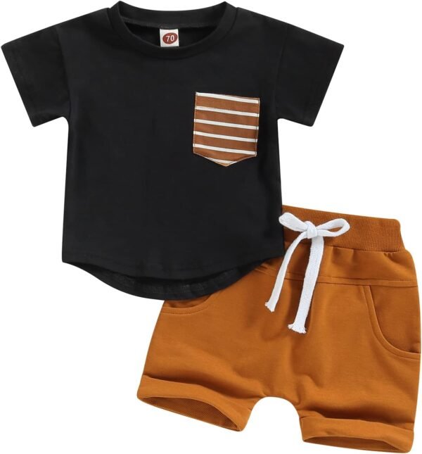 Summer Toddler Baby Boy Girl Clothes Set Unisex Waffle Outfits Solid Short Sleeve Pocket Tops Shorts 2PCS