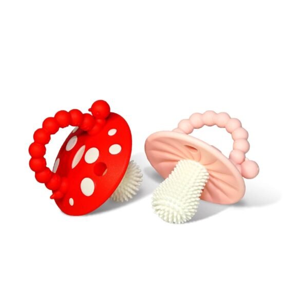 RaZbaby Chompy Teether – Soft Silicone Teething Toy for Infants & Babies 3M+, Massaging Bristles for Teething Relief, Hands-Free & Easy to Hold, Sensory Development, BPA-Free – Great Gift – Red/Pink