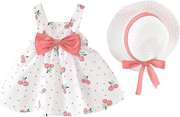 Baby Girls Summer Dresses Sleeveless Princess Clothes Infrant Cherry Polka Dot Tank Skirt Bow Hat Outfit Set 2Pcs