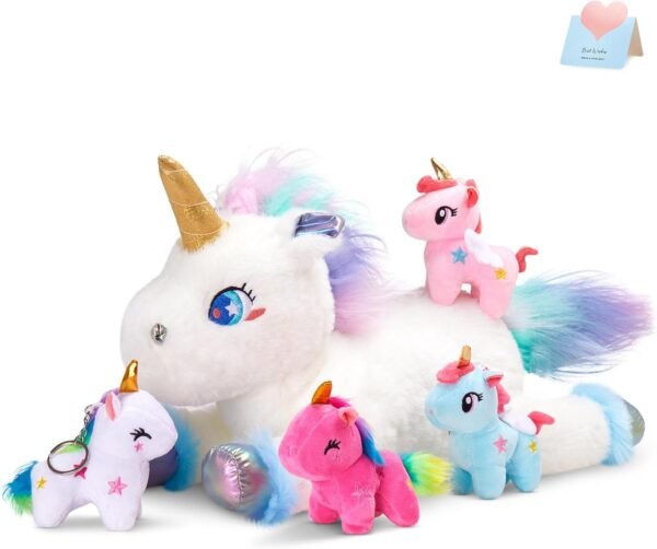 WEWILL 19'' Rainbow Unicorn Stuffed Animal, Mommy Unicorn with 4 Babies Unicorn, Magical Unicorn Pillow Plushies for Girls Ages 3-8, Unicorns Plush Toys for Christmas, Valentine's, Birthday Gifts